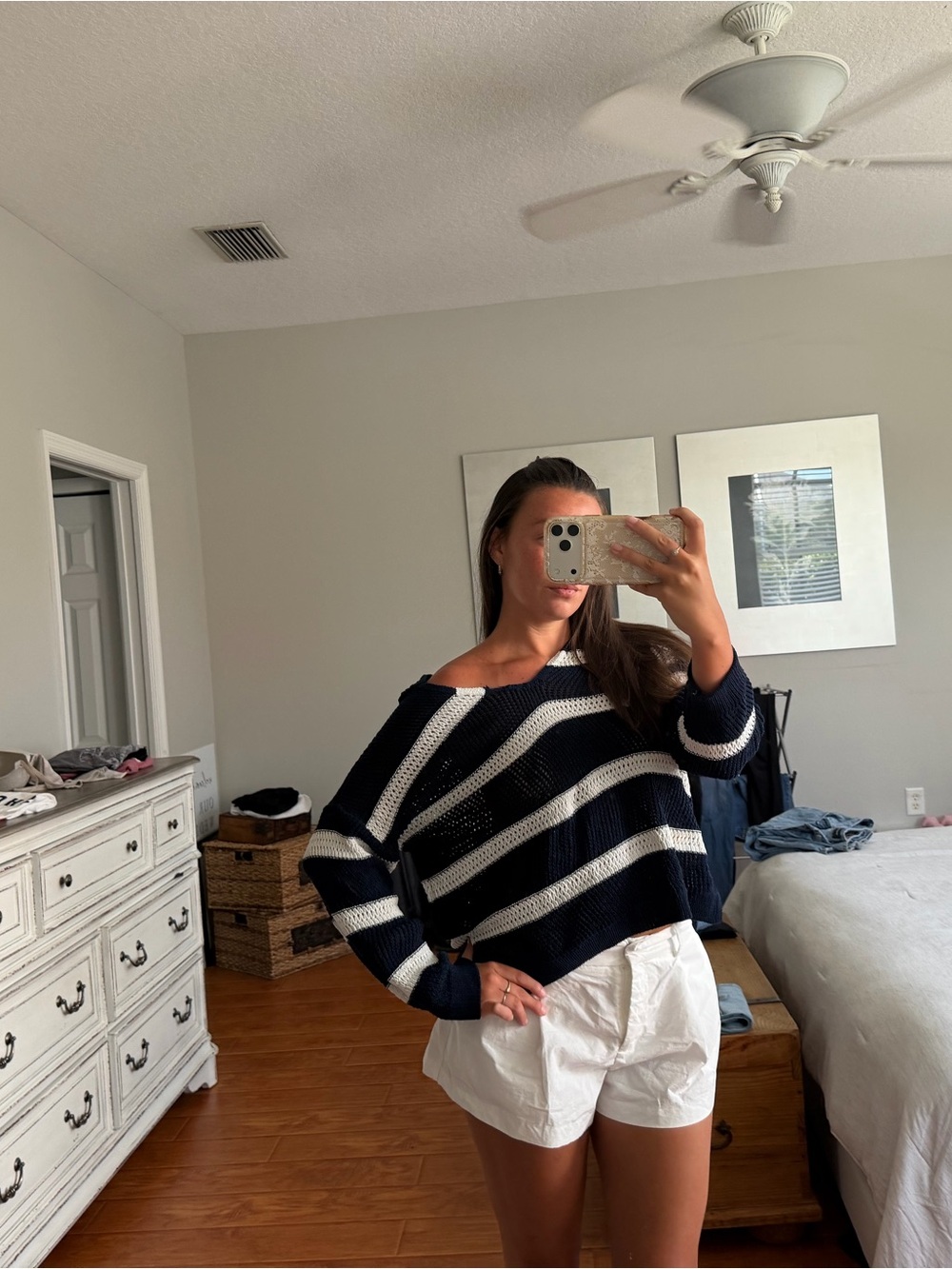 Off-the-Shoulder Navy & White Striped Knit Sweater